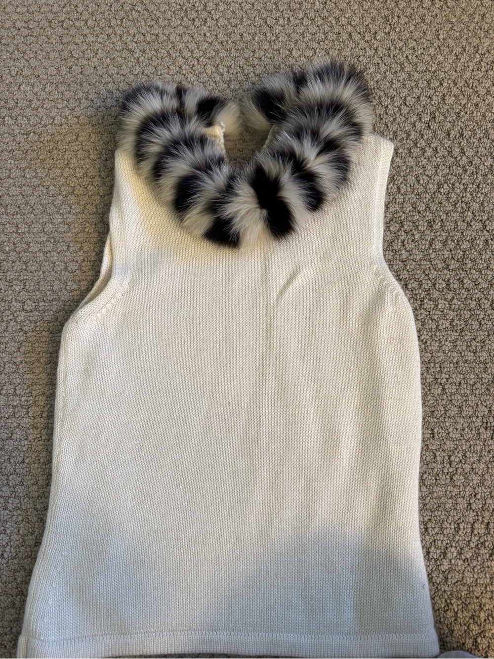 Ferre Studio Cream Knit Sleeveless Top with Fur Collar made in Italy size 44